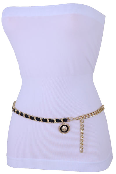 Women Fashion Gold Metal Chain Links Black Sexy Belt Lion Medallion Charm Fit Sizes XS S M