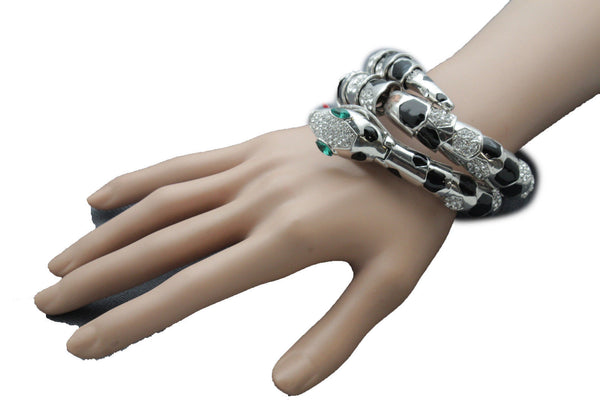 Silver Black Metal Wrap Around Bangle Bracelet Cobra Snake Elastic Women Fashion Accessories