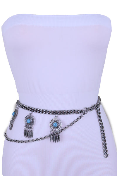 Women Antique Silver Metal Chain Western Belt Feather Turquoise Charms Fits Sizes XS S M