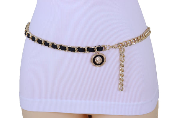 Women Fashion Gold Metal Chain Links Black Sexy Belt Lion Medallion Charm Fit Sizes XS S M