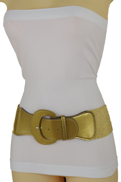 Brand New Women Gold Color Wide Elastic Band Fashion Belt Hip Waist Bling Studs Buckle M L