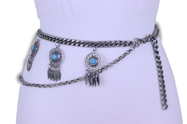 Women Ethnic Belt Vintage Silver Metal Chain Feather Turquoise Blue Charm Plus Size XL XXL