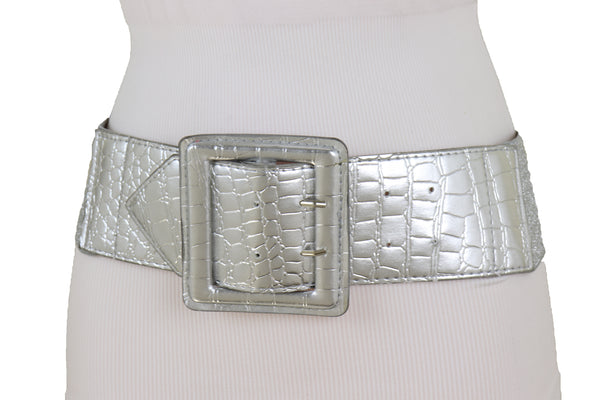 Brand New Women Hip Waist Silver Faux Leather Wide Elastic Belt Big Square Buckle M L XL
