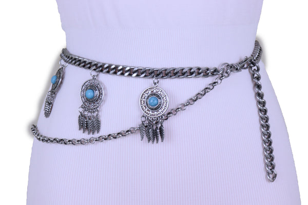 Women Antique Silver Metal Chain Western Belt Feather Turquoise Charms Fits Sizes XS S M