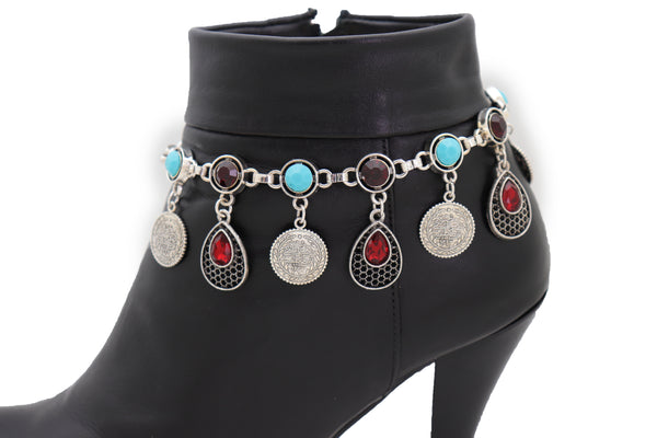 Brand New Women Silver Metal Boot Chain Bracelet Shoe Ethnic Fashion Coin Water Drop Charm