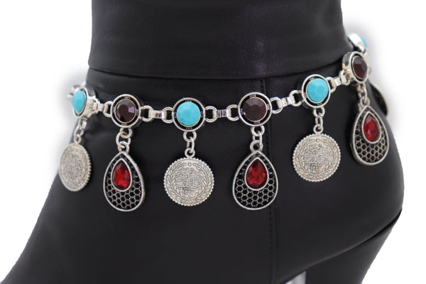 Brand New Women Silver Metal Boot Chain Bracelet Shoe Ethnic Fashion Coin Water Drop Charm