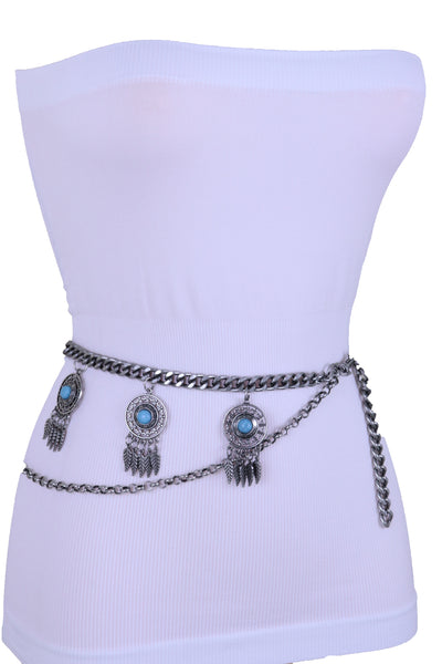 Women Antique Silver Metal Chain Western Belt Feather Turquoise Charms Fits Sizes XS S M