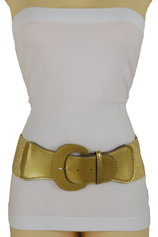 Women Gold Color Wide Elastic Band Fashion Belt Hip Waist Bling Silver Metal Studs Buckle Size M L
