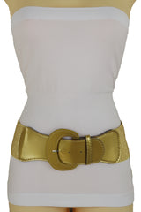 Gold Color Wide Elastic Band Fashion Belt Hip Waist Bling Silver Metal Studs Buckle Size M L