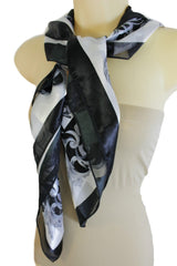 Black White Fancy Square Soft Fabric Scarf Wrap Dressy Anchor Queen Crown