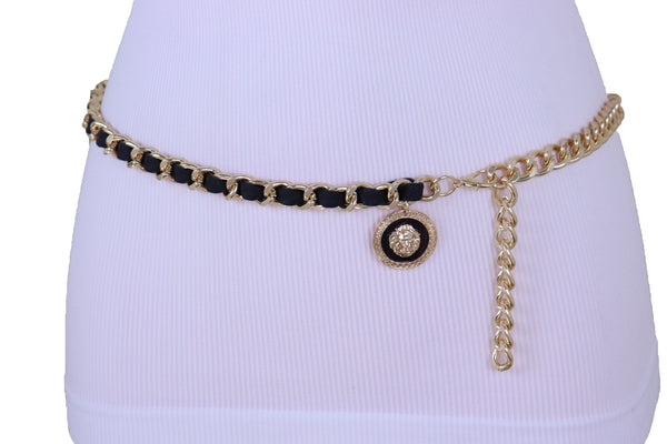 Women Fashion Gold Metal Chain Links Black Sexy Belt Lion Medallion Charm Fit Sizes XS S M
