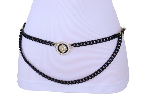 Sexy Look Women Fashion Belt Hip Waist Black Gold Metal Chain Bling Lion Charm Size M L XL