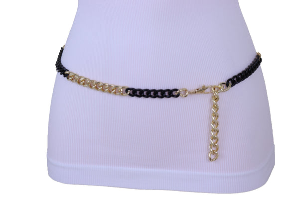 Brand New Women Belt Hip High Waist Gold Black Metal Chain Links Skinny Waistband XS S M