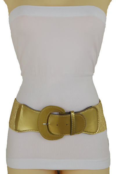 Brand New Women Gold Color Wide Elastic Band Fashion Belt Hip Waist Bling Studs Buckle M L
