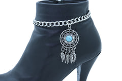 Silver Metal Chain Boot Bracelet Ethnic Shoe Feather Charm Turquoise Blue