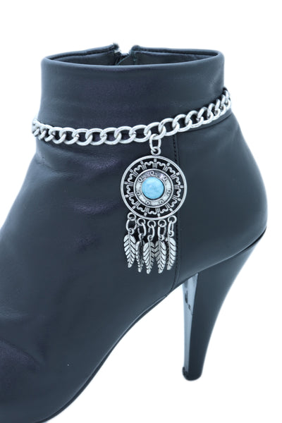 Brand New Women Silver Metal Chain Boot Bracelet Ethnic Shoe Feather Charm Turquoise Blue