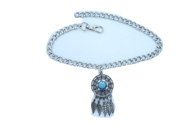Women Silver Metal Chain Boot Bracelet Ethnic Shoe Feather Charm Turquoise Blue Color One Size