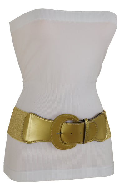 Brand New Women Gold Color Wide Elastic Band Fashion Belt Hip Waist Bling Studs Buckle M L