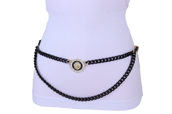 Sexy Look Women Fashion Belt Hip Waist Black Gold Metal Chain Bling Lion Charm Size M L XL