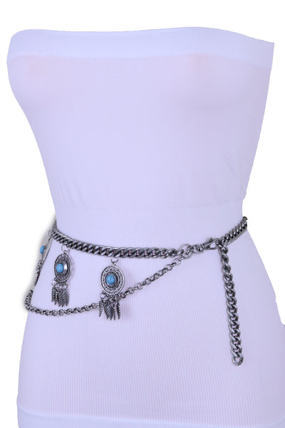 Women Antique Silver Metal Chain Western Belt Feather Turquoise Charms Fits Sizes XS S M
