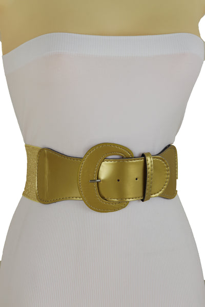 Women High Waist Hip Wide Elastic Gold Color Fashion Belt Big Buckle Day Night Easy Wear Size M L