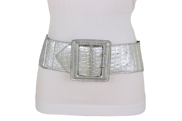 Brand New Women Hip Waist Silver Faux Leather Wide Elastic Belt Big Square Buckle M L XL