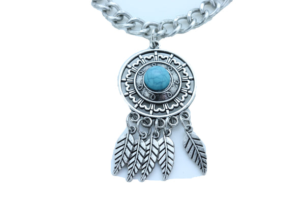 Women Silver Metal Chain Boot Bracelet Ethnic Shoe Feather Charm Turquoise Blue Color One Size