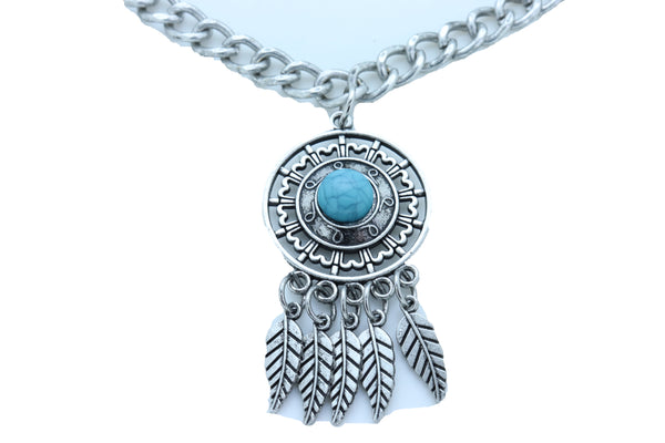 Brand New Women Silver Metal Chain Boot Bracelet Ethnic Shoe Feather Charm Turquoise Blue