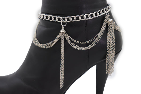Brand New Women Silver Metal Chain Boot Bracelet Anklet Shoe Side Wave Tassel Fringe Charm Bling