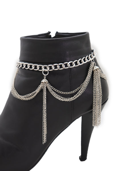 Brand New Women Silver Metal Chain Boot Bracelet Anklet Shoe Side Wave Tassel Fringe Charm Bling
