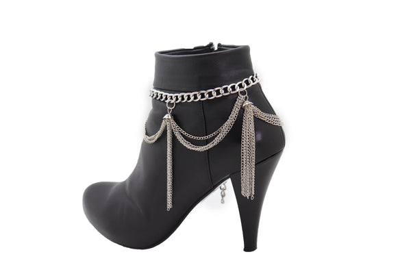 Brand New Women Silver Metal Chain Boot Bracelet Anklet Shoe Side Wave Tassel Fringe Charm Bling