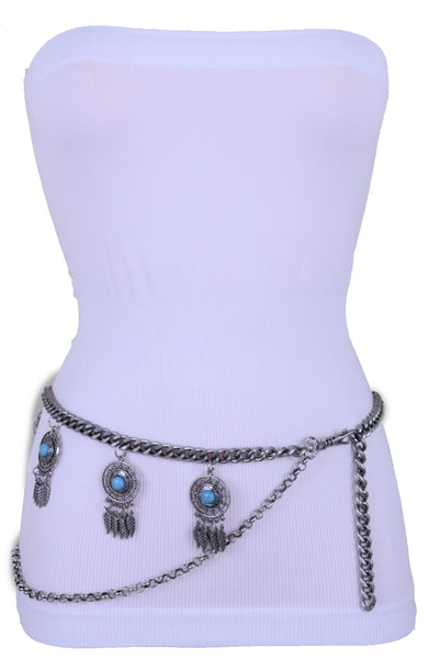 Women Antique Silver Metal Chain Western Belt Feather Turquoise Charms Fits Sizes XS S M