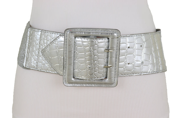 Brand New Women Hip Waist Silver Faux Leather Wide Elastic Belt Big Square Buckle M L XL