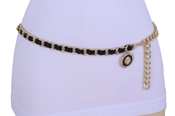 Women Fashion Gold Metal Chain Links Black Sexy Belt Lion Medallion Charm Fit Sizes XS S M