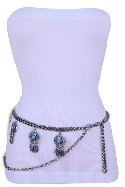 Women Ethnic Belt Silver Metal Chain Feather Turquoise Blue Beads Charms Fits Plus Size XL XXL