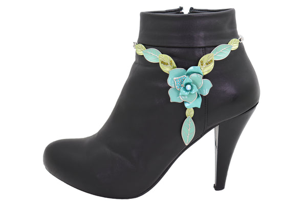 Brand New Women Silver Metal Chain Boot Bracelet Shoe Anklet Baby Bling Blue Flower Charm