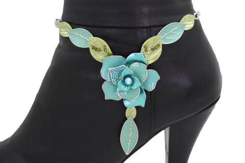 Brand New Women Silver Metal Chain Boot Bracelet Shoe Anklet Baby Bling Blue Flower Charm