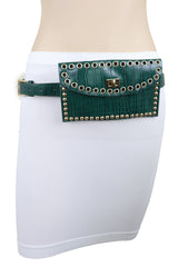 Green Faux Crocodile Leather Fashion Belt + Phone Purse Gold Metal Stud