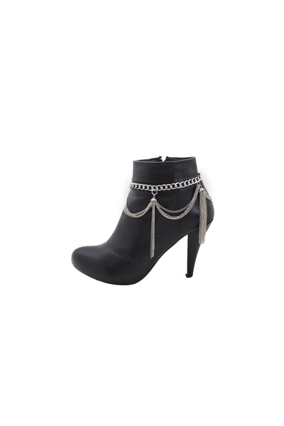 Brand New Women Silver Metal Chain Boot Bracelet Anklet Shoe Side Wave Tassel Fringe Charm Bling