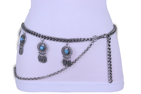 Women Antique Silver Metal Chain Western Belt Feather Turquoise Charms Fits Sizes XS S M