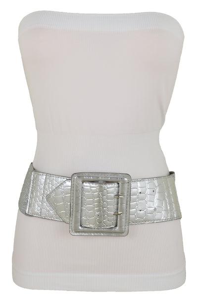 Brand New Women Hip Waist Silver Faux Leather Wide Elastic Belt Big Square Buckle M L XL