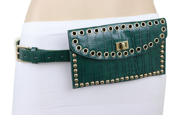 Brand New Women Green Faux Crocodile Leather Fashion Belt + Wallet Gold Metal Stud Fit S M