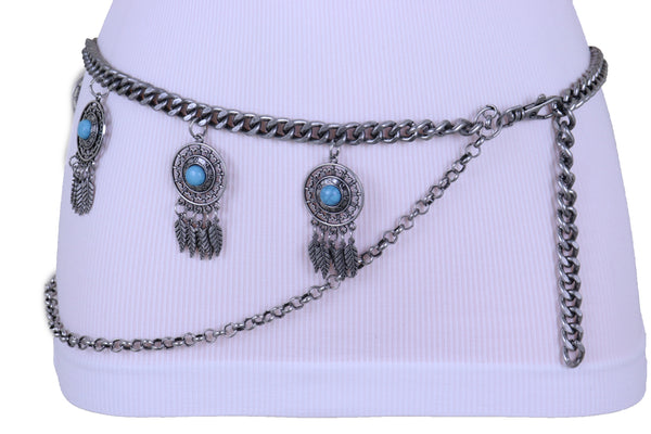 Brand New Women Antique Silver Metal Chain Western Belt Feather Turquoise Charms XS S M