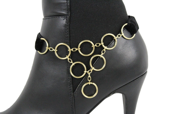 Women Trendy Boot Anklet Gold Metal Chain Shoe Multi Rings Drape Strap