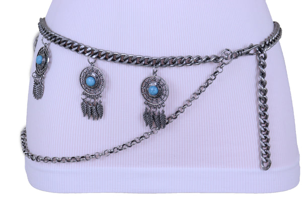 Women Ethnic Belt Vintage Silver Metal Chain Feather Turquoise Blue Charm Fit Sizes M L XL