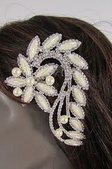 New Women Silver Metal Head Jewelry Rhinestones Long Leaf 1 Side Hair Pin Flower - alwaystyle4you - 4