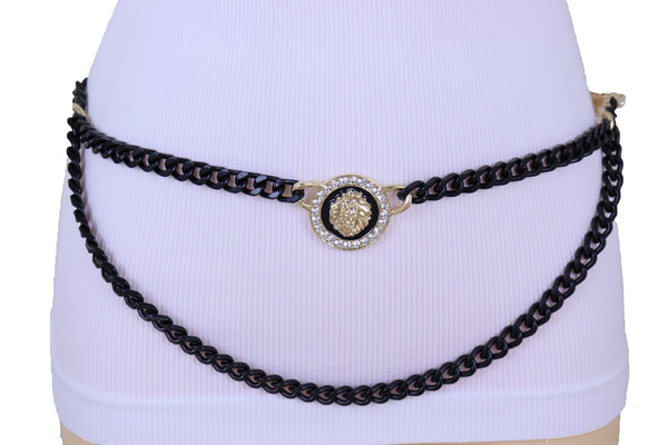 Sexy Look Women Fashion Belt Hip Waist Black Gold Metal Chain Bling Lion Charm Size M L XL