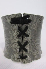 Women Silver Flowers Stamp Metal Corset Bracelet Fashion Jewelry Black Tie - alwaystyle4you - 2