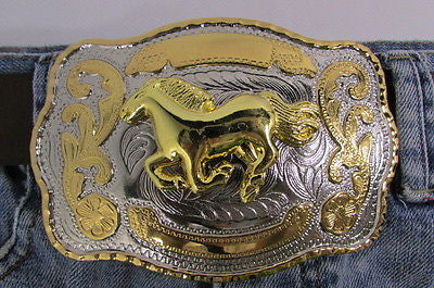New Belt Buckle 5.5"/4" Big Gold Rodeo Horse Large Silver Metal Western Rodeo Fashion Belt Buckle 3D Texas - alwaystyle4you - 2