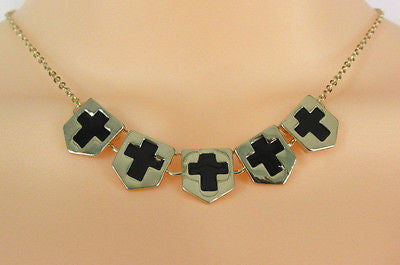 Gold Metal Chain Five Mini Black Crosses Long Pendant Necklace New Women Fashion Accessories